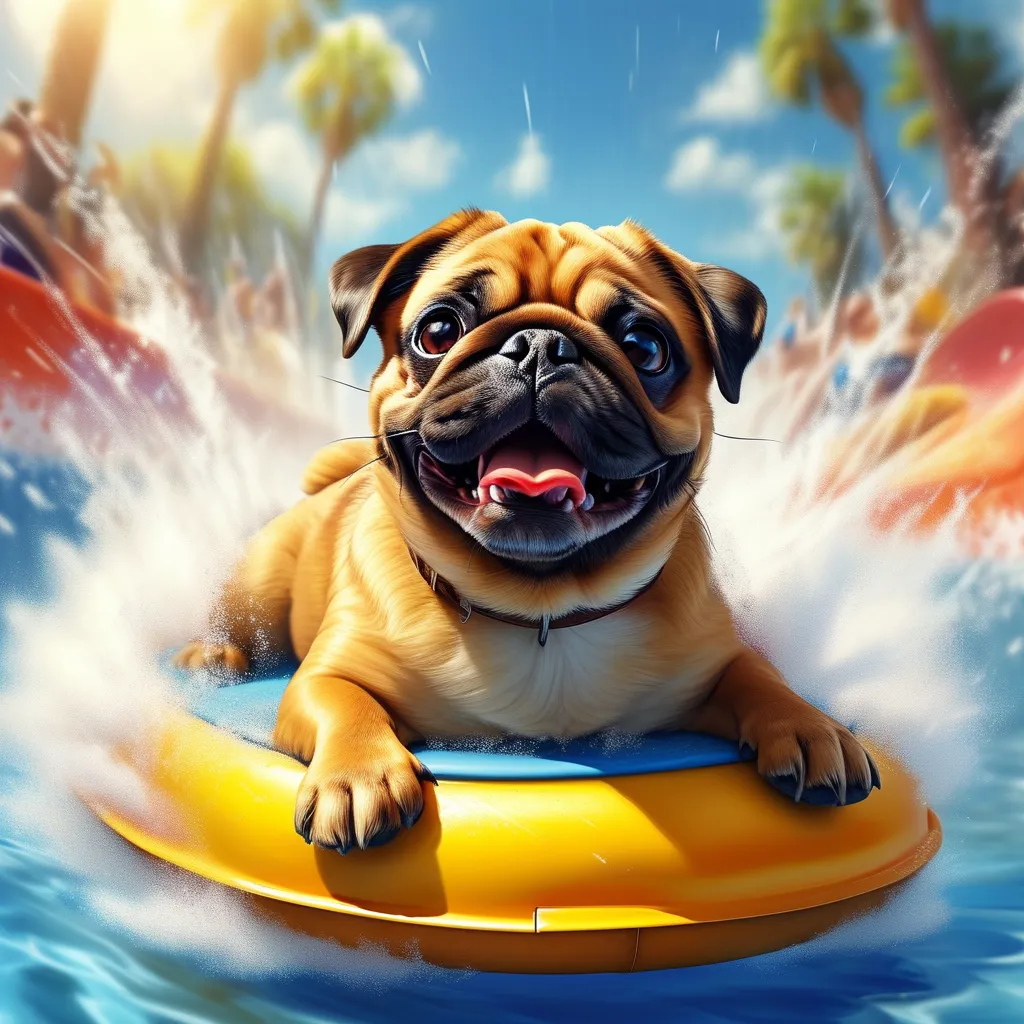 Expressive illustration of a pug puppy on a Water Slide basked in summer heat