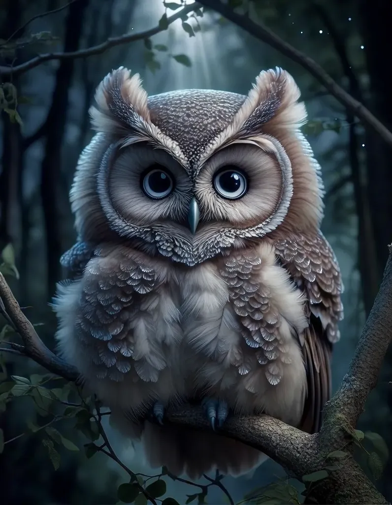 A hyper-detailed, ultra-fluffy owl sitting in the trees at night, looking directly at the camera with wide, adorable, expressive eyes. Its feathers are soft and voluminous, catchin