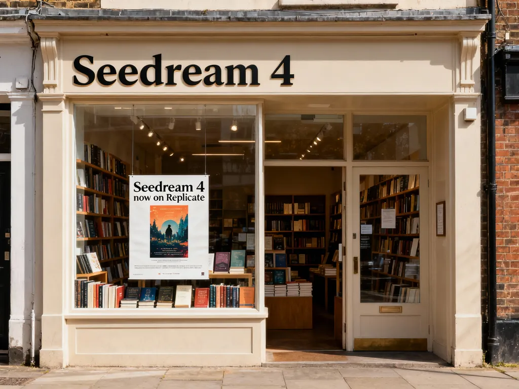 a photo of a store front called "Seedream 4", it sells books, a poster in the window says "Seedream 4 now on Replicate"