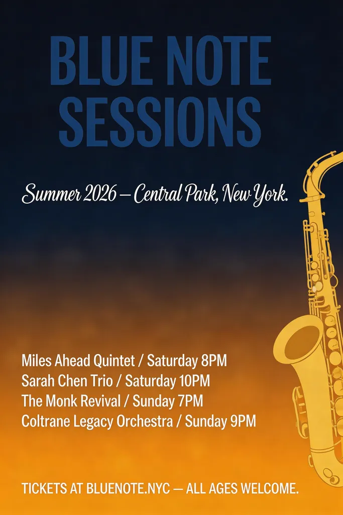 A large-format typographic poster for a fictional jazz festival. At the top in bold condensed sans-serif: "BLUE NOTE SESSIONS" in deep navy. Below in elegant script: "Summer 2026 —