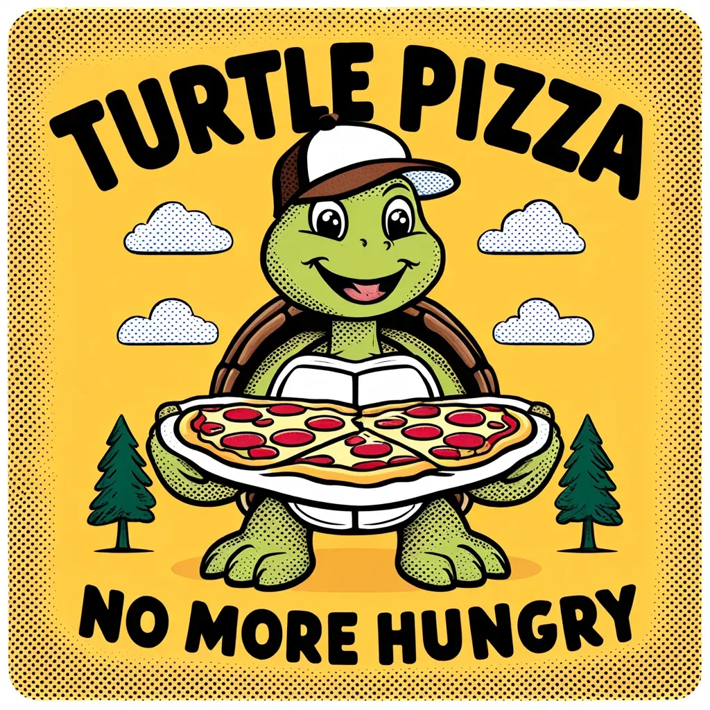 a stylized cartoon image, yellow background, a smiling turtle holding a pizza, the turtle is wearing a white and brown cap, large eyes and a friendly expression, the turtle is stan