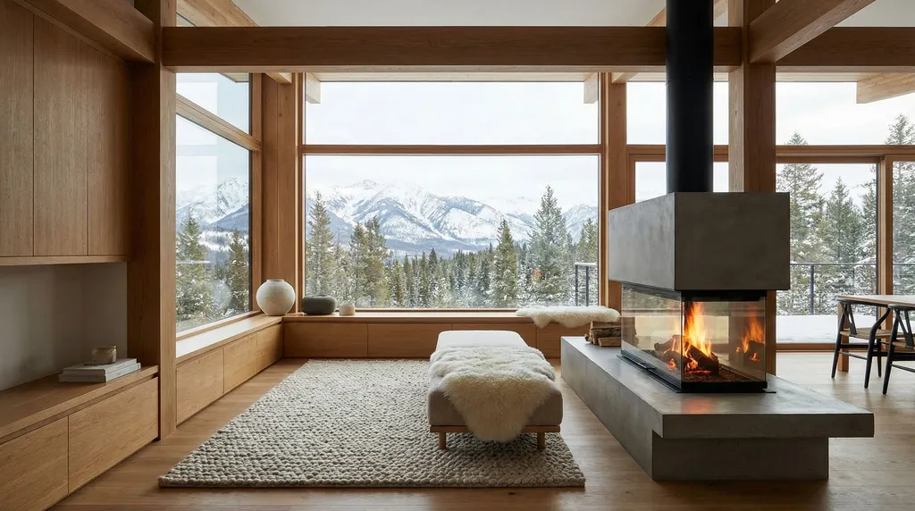 A modern minimalist Scandinavian living room with a large window overlooking snowy mountains, warm wood, cozy fireplace