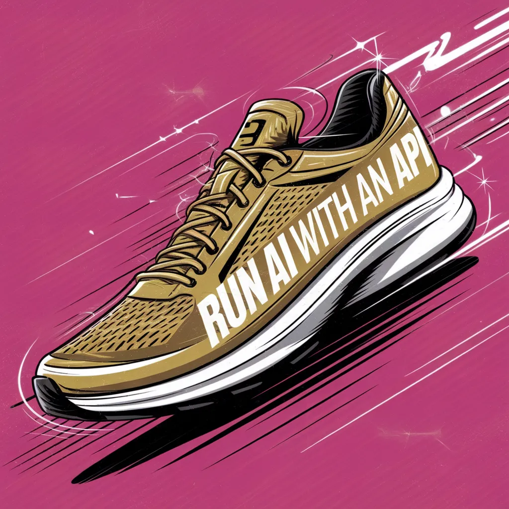 An illustration of a gold running shoe with the text "Run AI with an API" written on the shoe. The shoe is placed on a pink background. The text is white and bold. The overall imag