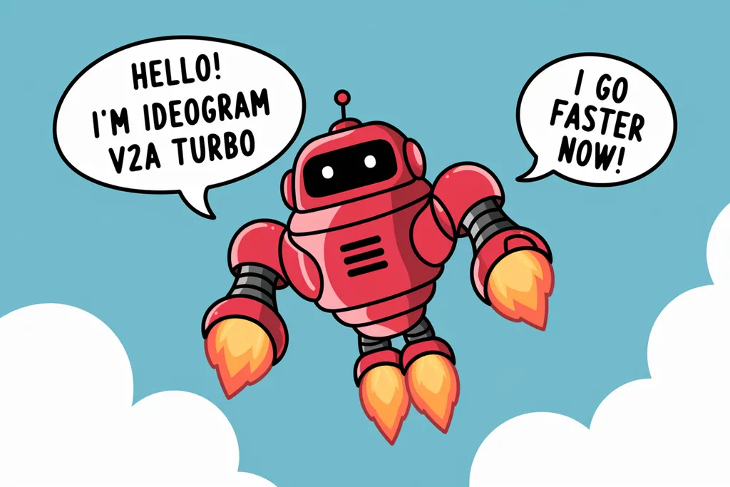 Vector art of a friendly robot, in a speech bubble it says "Hello! I'm Ideogram V2A turbo" in a friendly font, in a second speech bubble it says "I go faster now!", the robot is fl