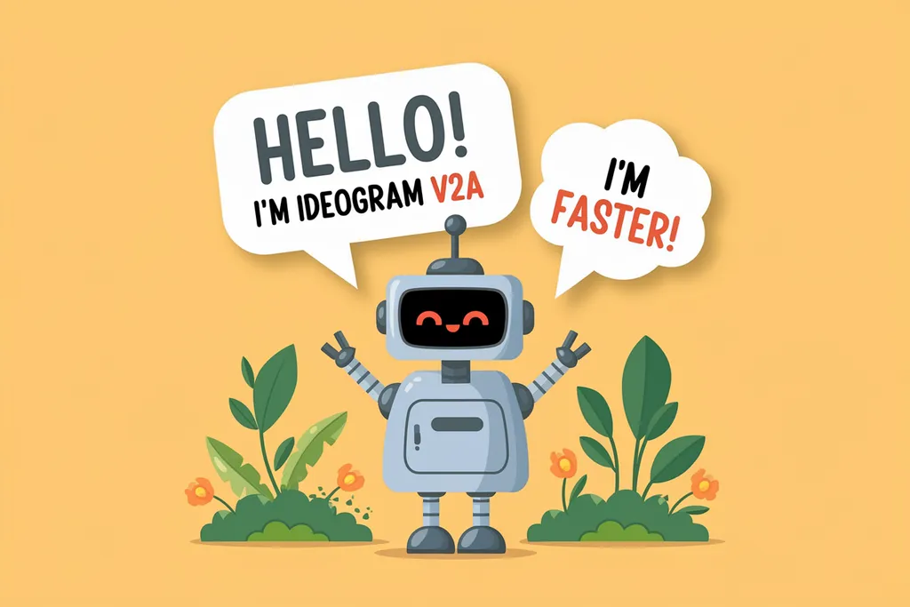 Vector art of a friendly robot, in a speech bubble it says "Hello! I'm Ideogram V2A" in a friendly font, in a second speech bubble it says "I'm faster!", the robot is in a 3D garde