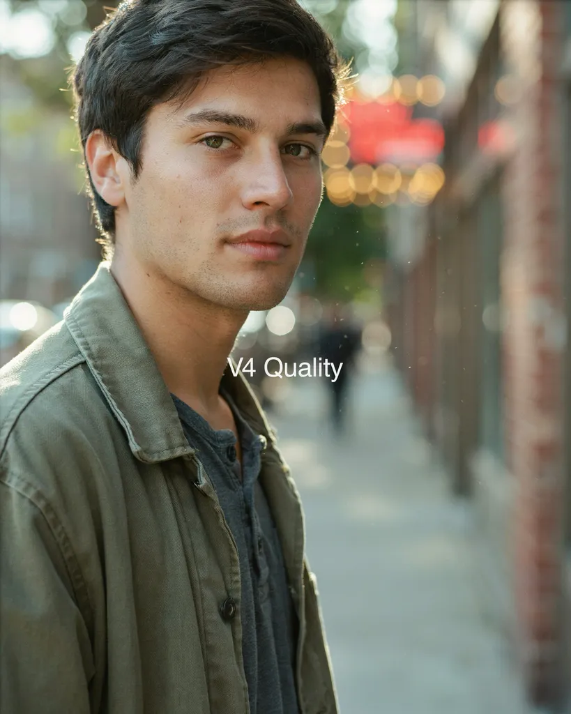 "V4 Quality" centered. A color film portrait of a young man, shallow depth of field, sharp focus on the eye, blurred background bokeh. High ISO film stock grain, wide aperture lens, candid and natural documentary style.