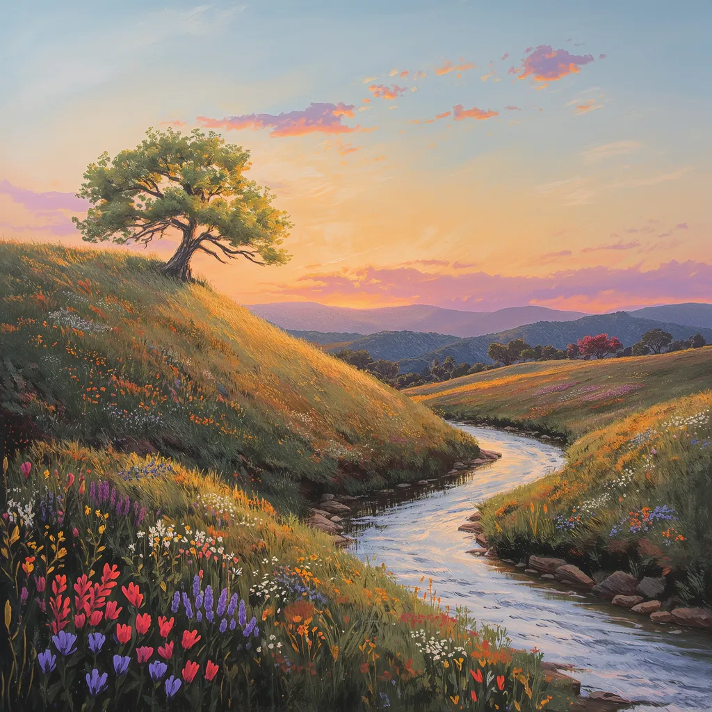 A fine art painting depicting a serene landscape, bathed in the golden light of sunset. The scene features a rolling hill dotted with wildflowers, a lone tree standing tall against