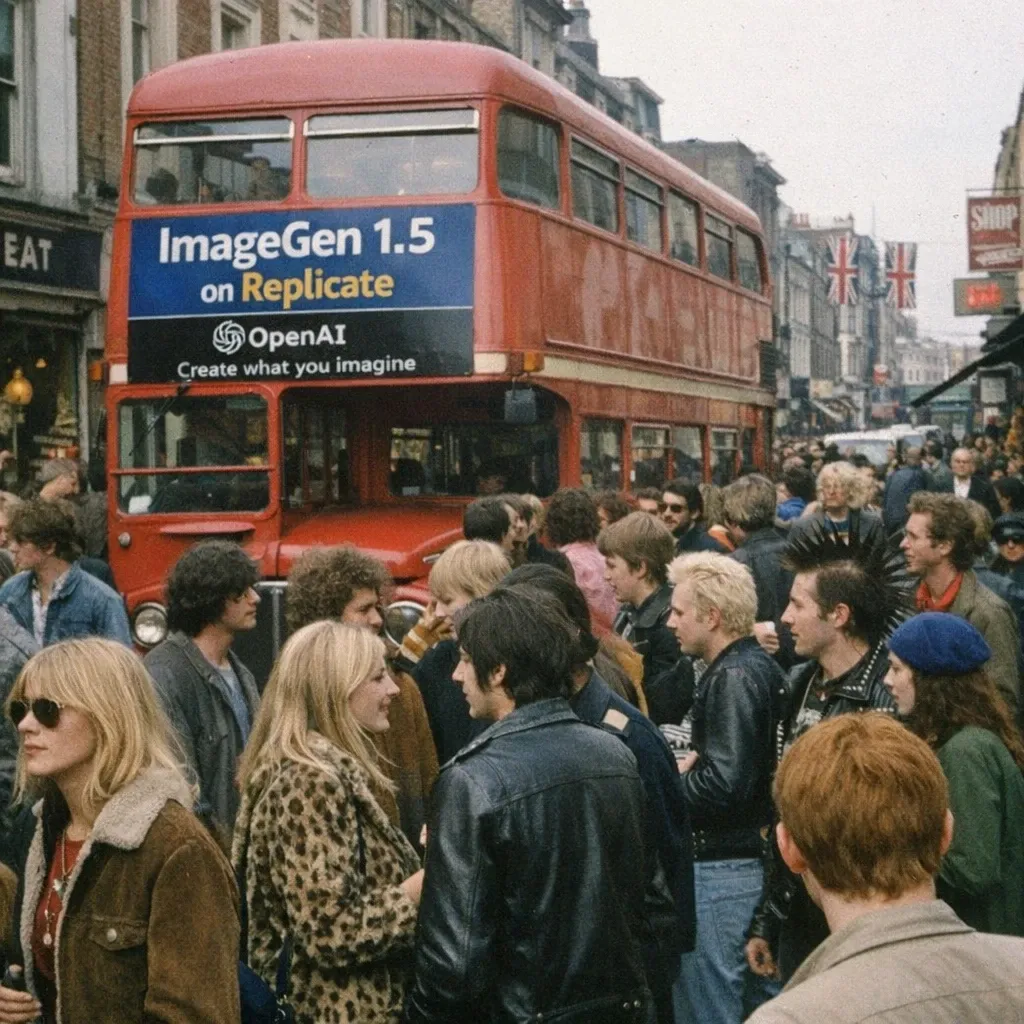 make a scene in chelsea, london in the 1970s, photorealistic, everything in focus, with tons of people, and a bus with an advertisement for "ImageGen 1.5 on Replicate" with the Ope