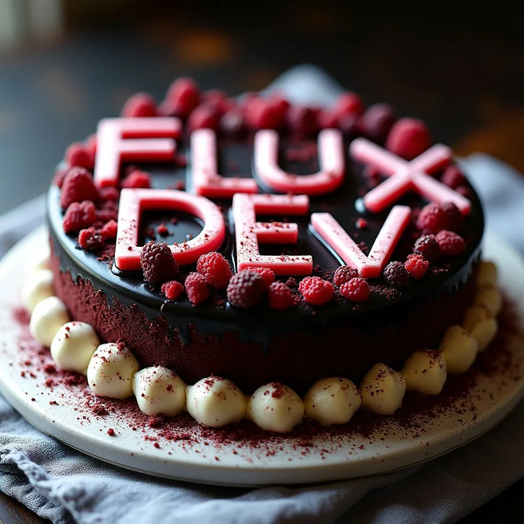 black forest gateau cake spelling out the words "FLUX DEV", tasty, food photography, dynamic shot