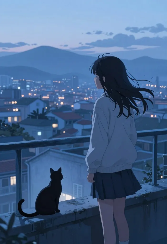 A schoolgirl with long dark hair, light jacket, and skirt, standing on a balcony beside a black cat and looking over the city, cinematic anime background art with soft atmospheric 