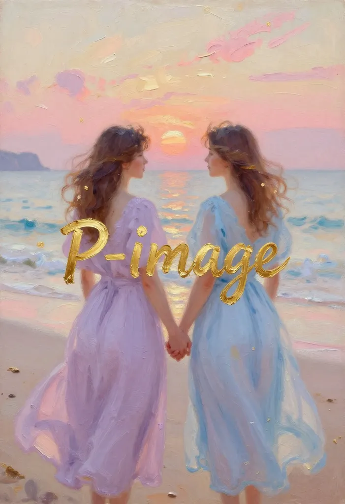 Two women in flowing pastel lavender and pale blue dresses, holding hands while walking on a beach at sunset, romantic impressionist oil painting with thick palette-knife impasto, 