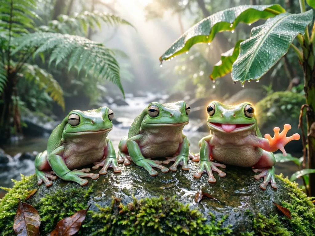Three green tree frogs perch side by side on a moss-covered rock glistening with moisture: the left frog has its eyes slightly closed and relaxed lips, its smooth-textured skin con