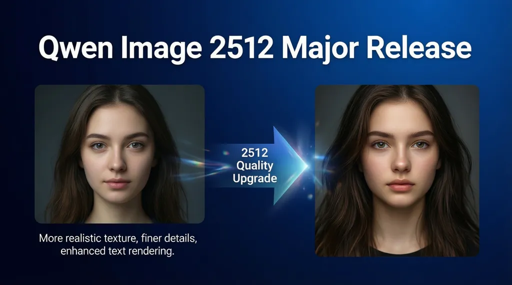 This is a modern slide with a deep blue gradient background. The title is "Qwen Image 2512 Major Release" in white sans serif bold font.
On the left a female portrait lacks detail