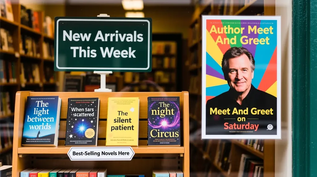 Bookstore window display. A sign displays “New Arrivals This Week”. Below, a shelf tag with the text “Best-Selling Novels Here”. To the side, a colorful poster advertises “Author M