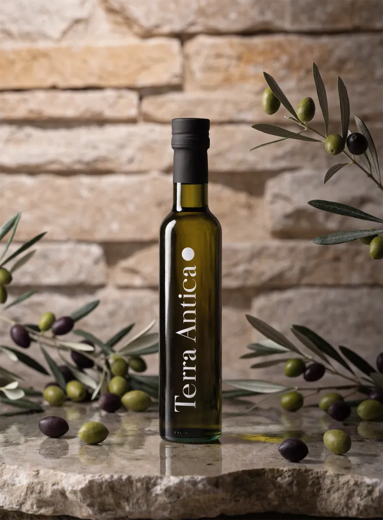 A premium olive oil bottle with a minimalist label design reading 'Terra Antica' in serif typography, placed on a rustic stone surface with olive branches, product photography with