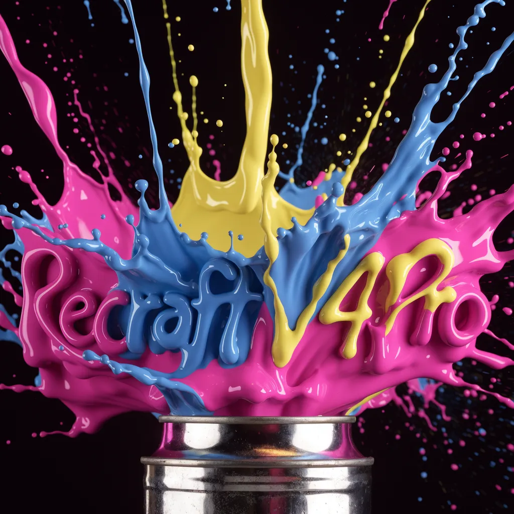 The words 'Recraft V4 Pro' exploding out of a paint can, thick splatters of vibrant magenta, electric blue, neon yellow and hot pink paint flying through the air in slow motion, bl