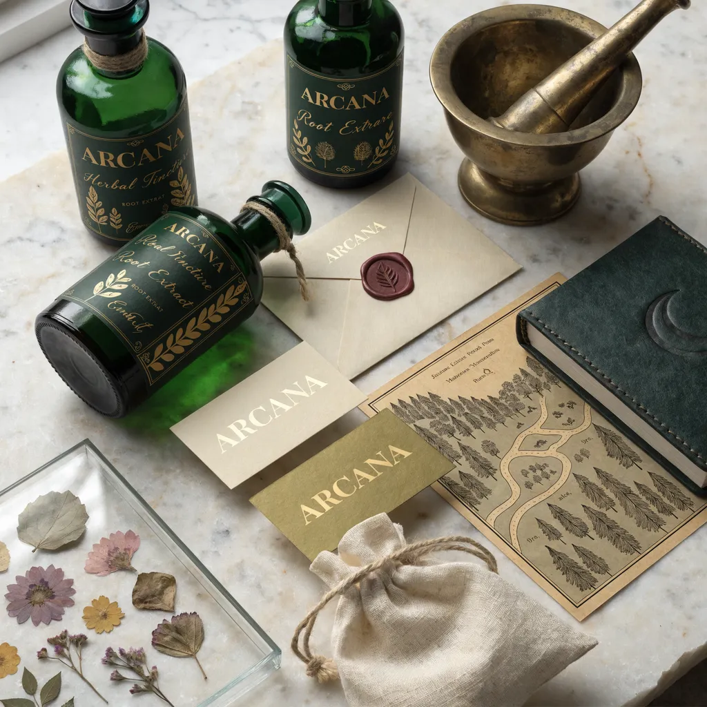 A brand identity flat-lay for a fictional apothecary called "ARCANA". Arranged on aged marble: dark green glass bottles with hand-lettered labels in gold ink, a wax-sealed envelope
