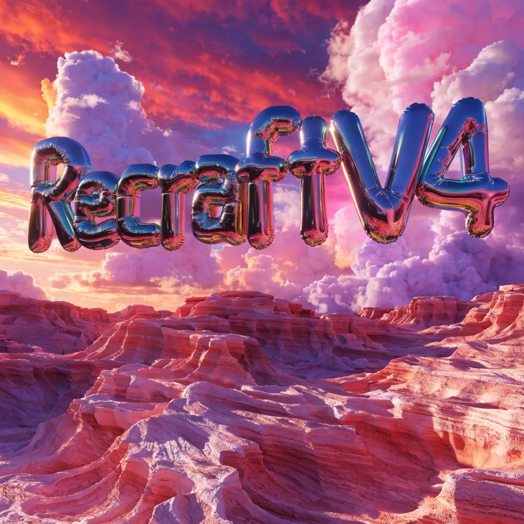 Giant inflatable balloon letters spelling 'Recraft V4' floating above a surreal pink desert landscape, the letters are shiny chrome with candy-colored reflections, cotton candy clo