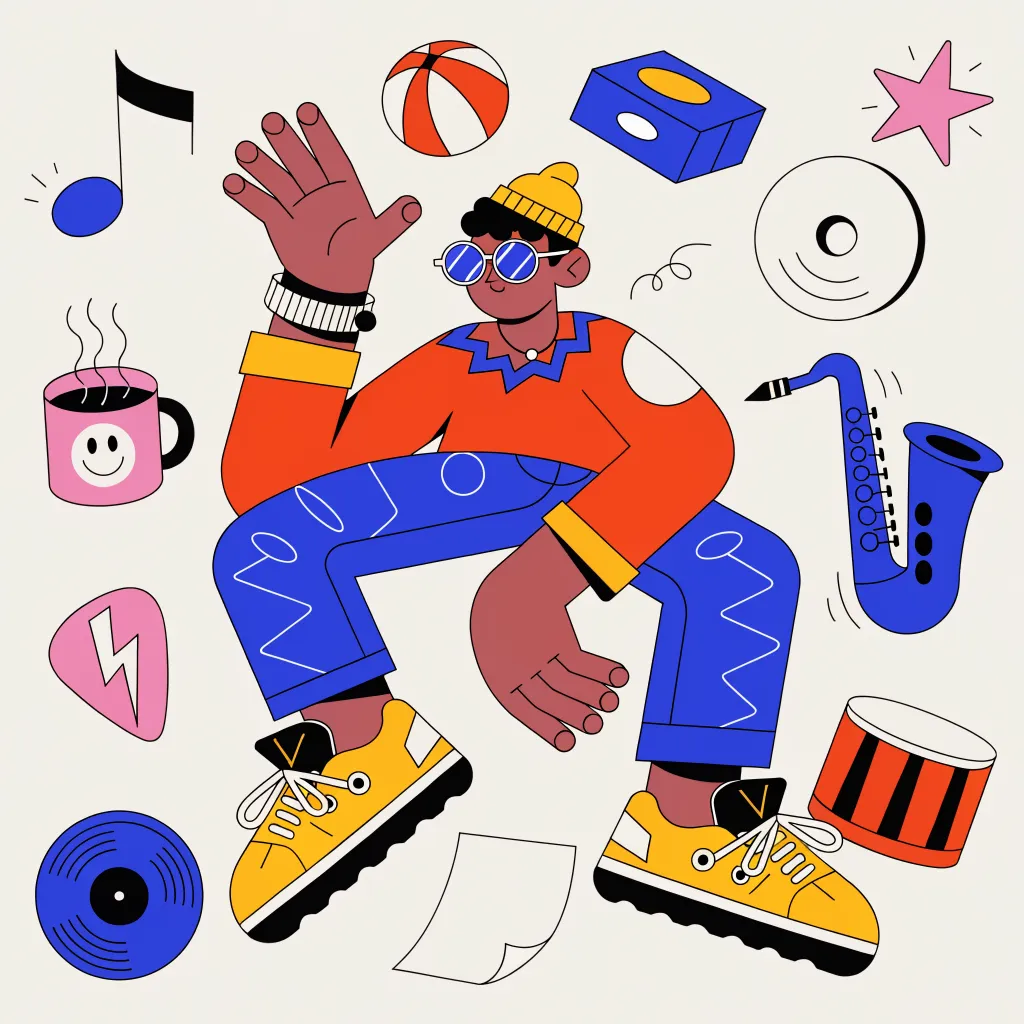 A nice modern vector illustration of a man levitating with a number of various random objects around him. Distinct style, distorted proportions and unique vibrant color palette.