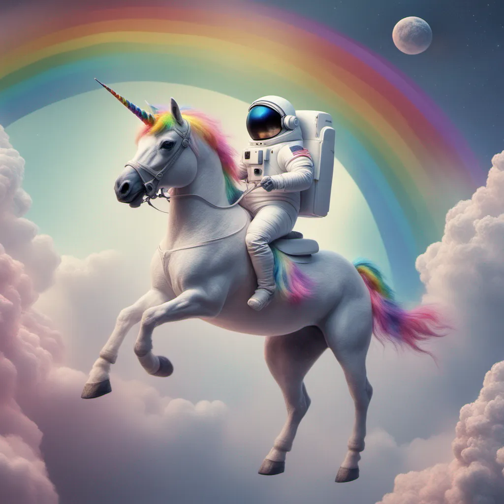 Example output 3 from Stable Diffusion XL: An astronaut riding a rainbow unicorn, cinematic, dramatic