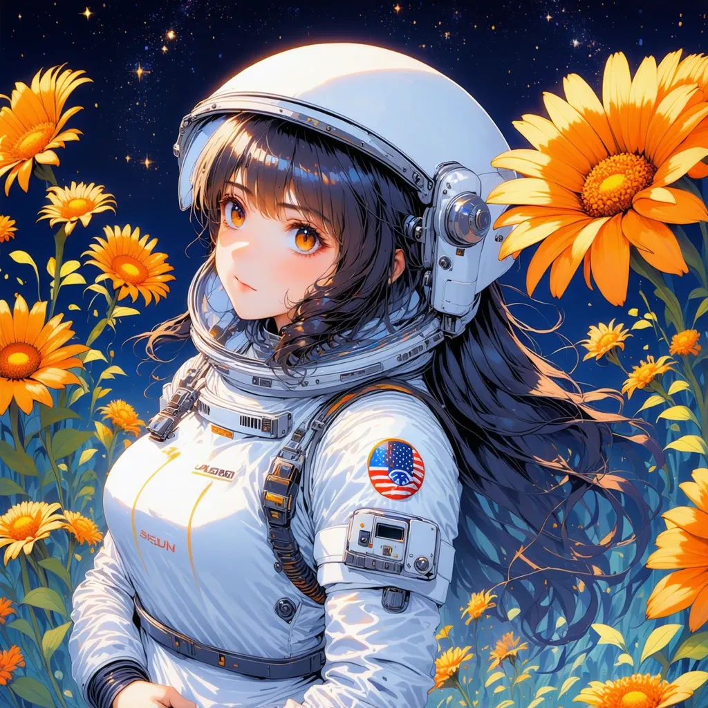 a captivating anime-style illustration of a woman in a white astronaut suit. She has long, dark wavy hair. Surrounding the astronaut are vibrant orange flowers with yellow centers.