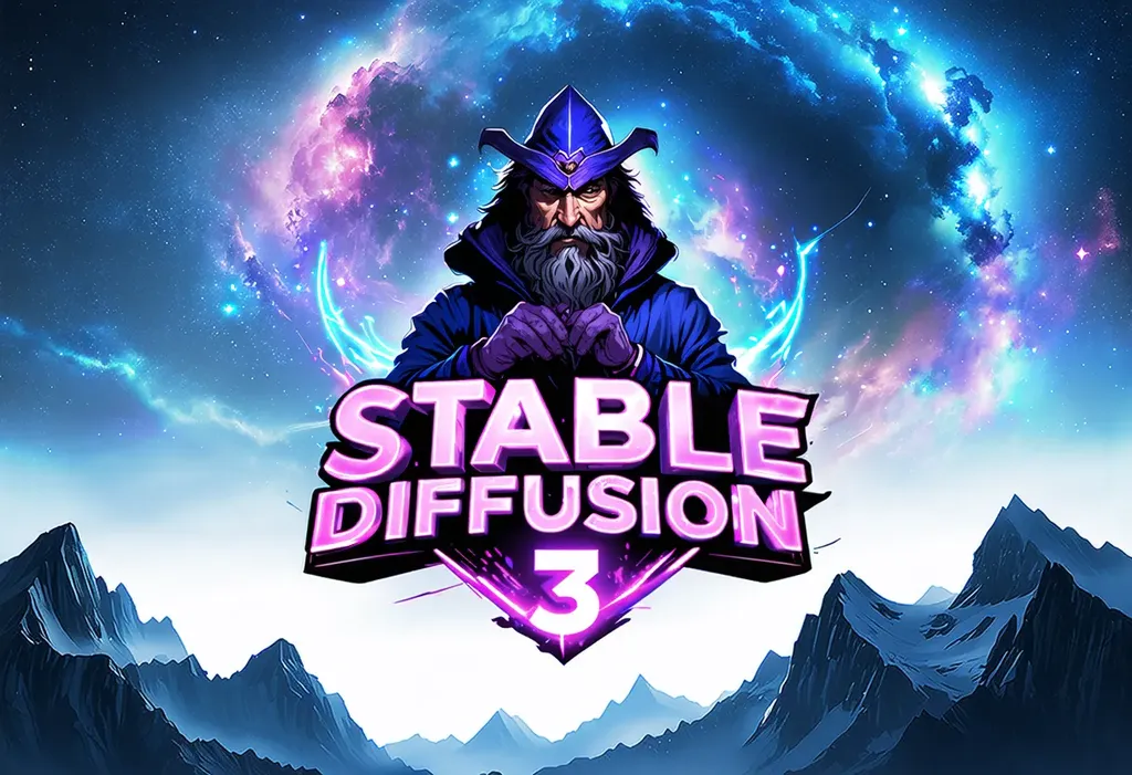 an epic logo for "STABLE DIFFUSION 3", depicting a space wizard in the style of a nebula background with blue and purple neon text on a white glowing background floating over a mou
