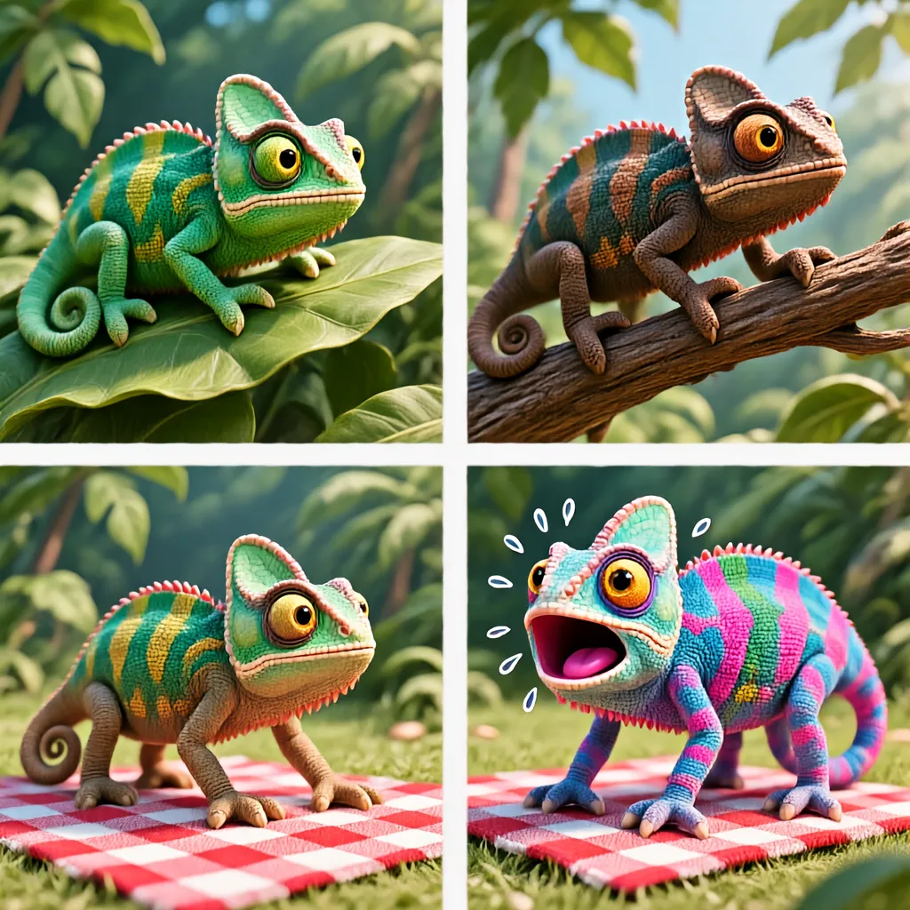A cartoon consisting of four panels, arranged in a 2x2 grid, depicts a chameleon's dilemma. Top left: A cartoon-style chameleon rests on a broad, emerald green leaf. Its skin, the 
