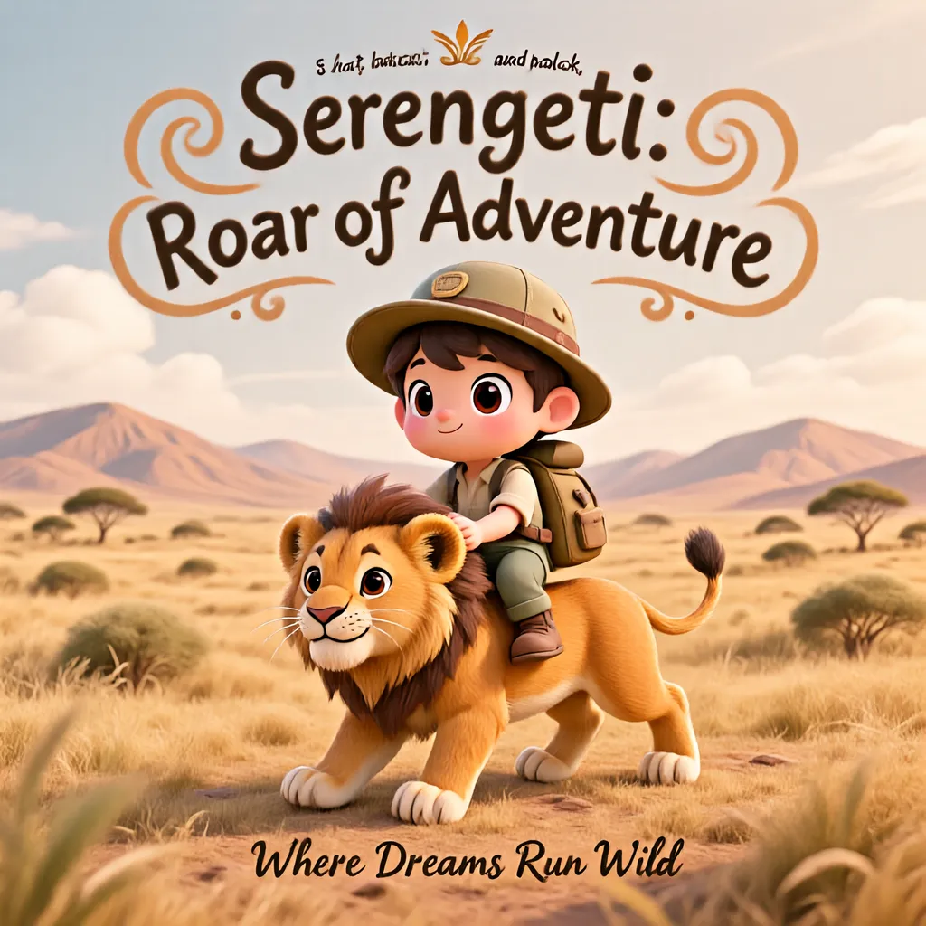 A wildlife poster design for the Serengeti plains features a central illustration of a chibi-style explorer riding a lion cub, set against a backdrop of rolling hills. At the top o