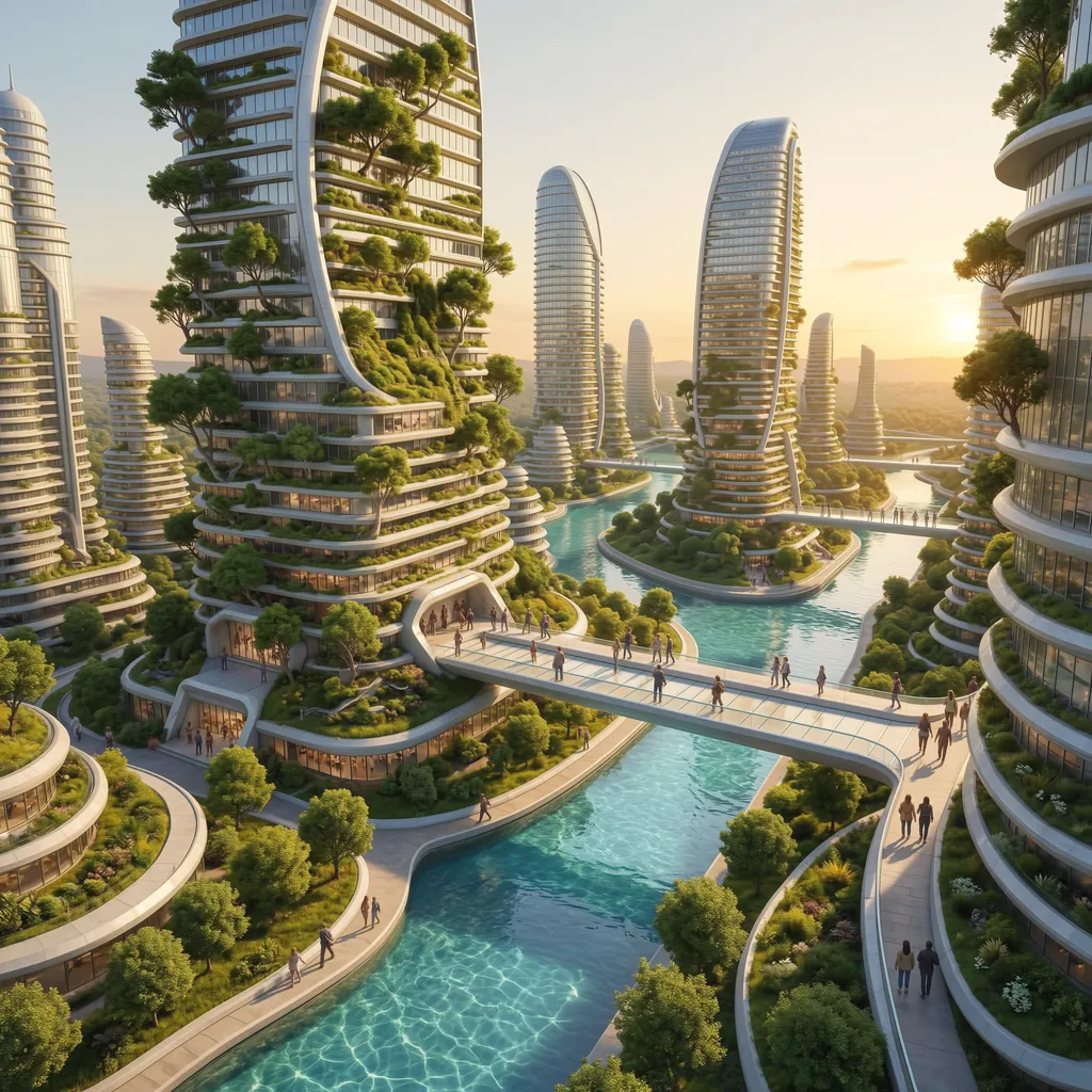 A grand architectural photograph of a futuristic solarpunk city, massive living buildings covered in vertical gardens and trees, crystal-clear rivers flowing between structures, pe
