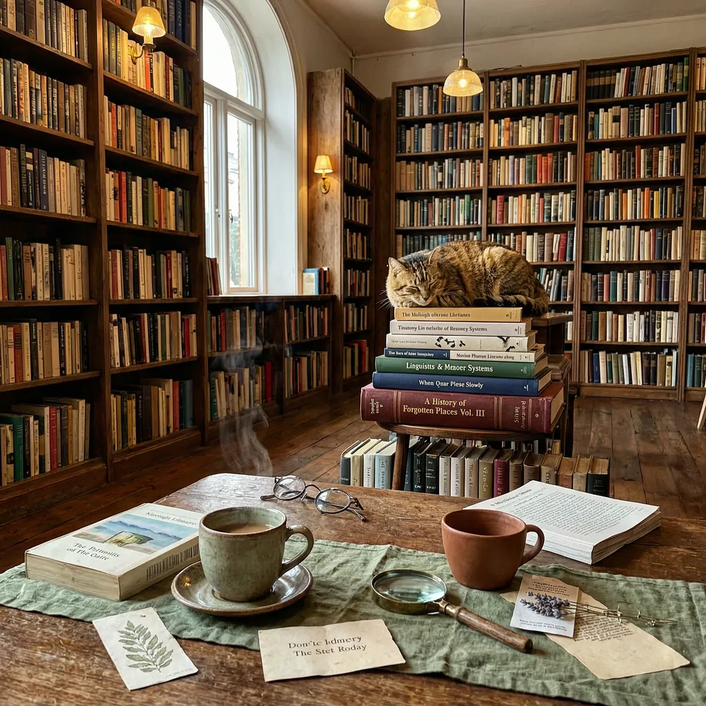 A cozy bookshop interior with warm golden light streaming through tall windows, floor-to-ceiling shelves packed with colorful books, a tabby cat sleeping on a stack of novels, stea